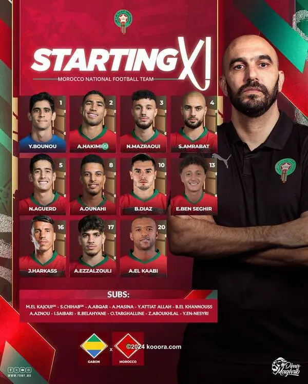 دياز يقود هجوم المغرب.. التشكيلة الرسمية للمنتخب المغربي ضد الغابون في تصفيات كأس الأمم الإفريقية